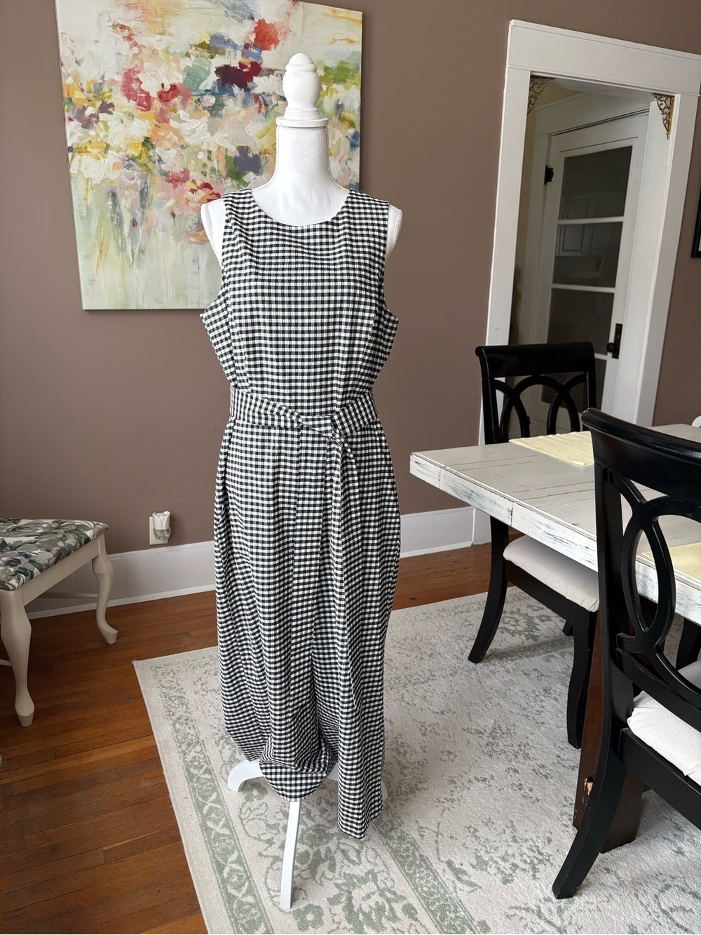 Preston & York Black and White Gingham Maxi Dress with Waist Tie